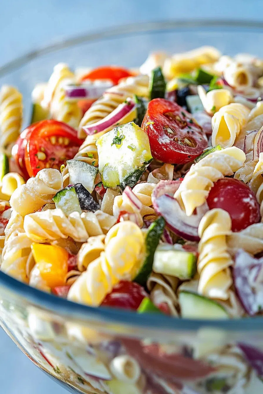 A vibrant bowl of pasta salad featuring rotini, cherry tomatoes, cucumber, and red onion, dressed with a light vinaigrette.