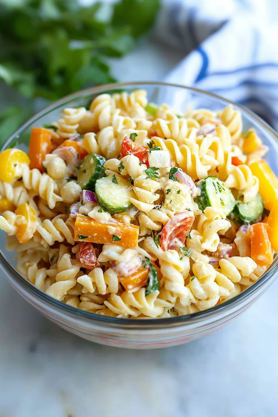 A bowl of spiral pasta mixed with juicy tomatoes, crunchy cucumbers, and a zesty homemade dressing.