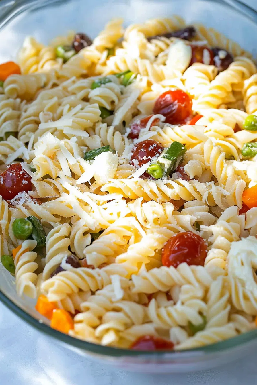 A glass bowl filled with a refreshing summer pasta salad made with rotini and fresh garden ingredients.
