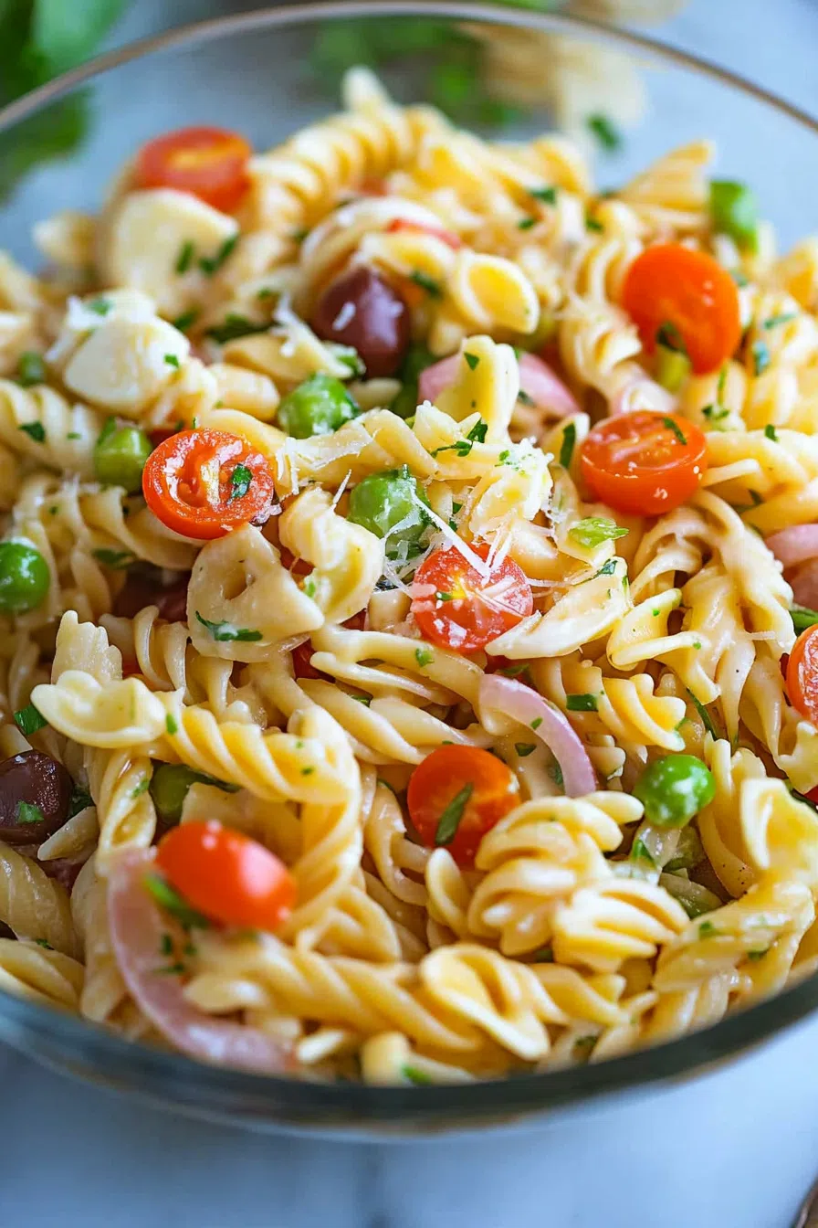 A serving of pasta salad with crisp veggies and a tangy dressing, ready to be enjoyed on a bright day.