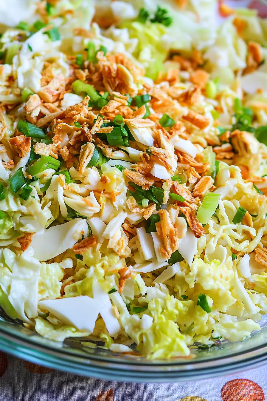 A bowl of ramen noodle salad with colorful vegetables and a light sesame dressing.