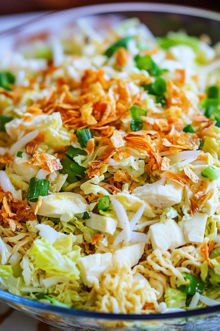 Close-up of the salad showing the crunchy ramen noodles, fresh veggies, and sesame seeds.