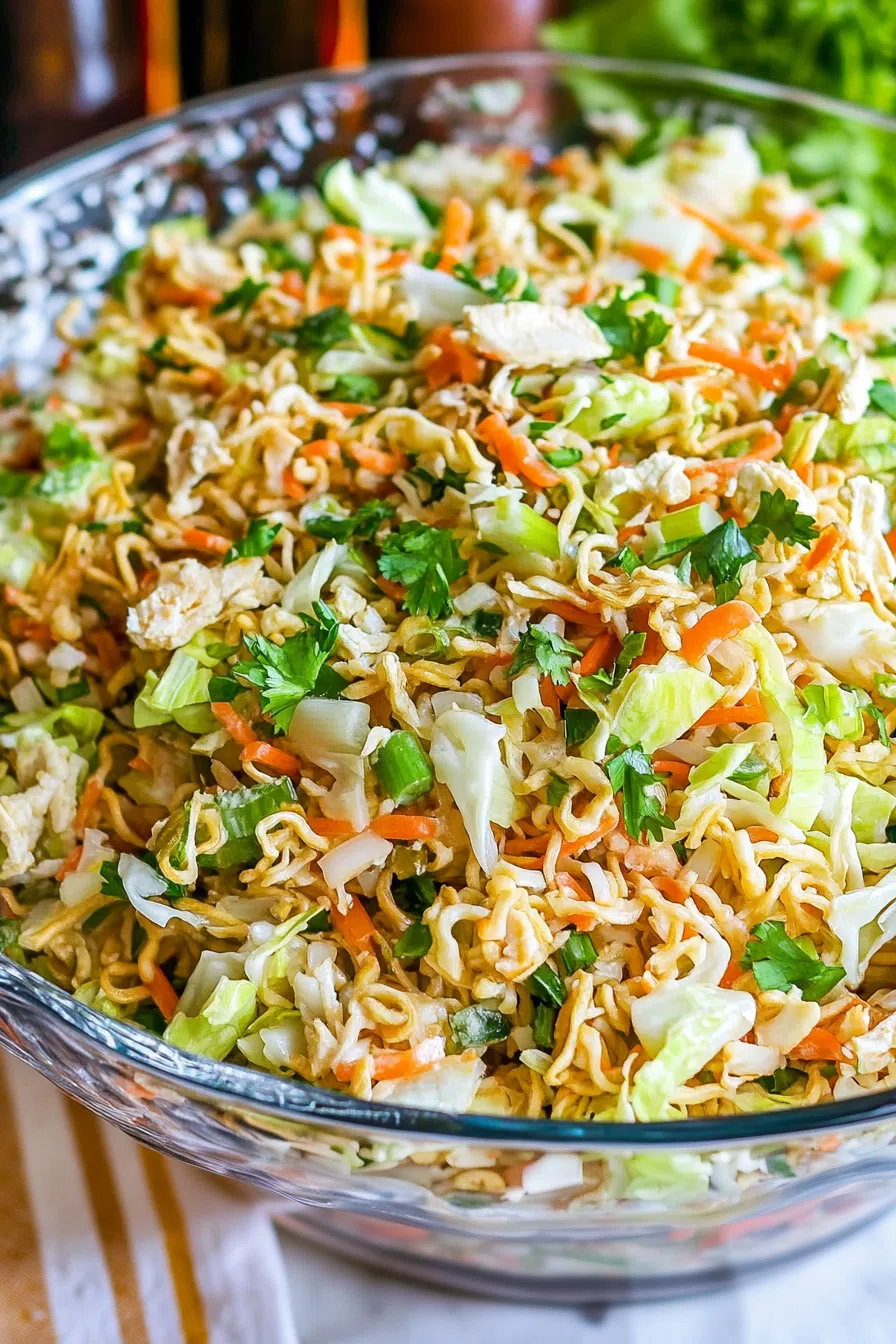 Overhead shot of ramen noodle salad in a serving dish, garnished with chopped green onions.