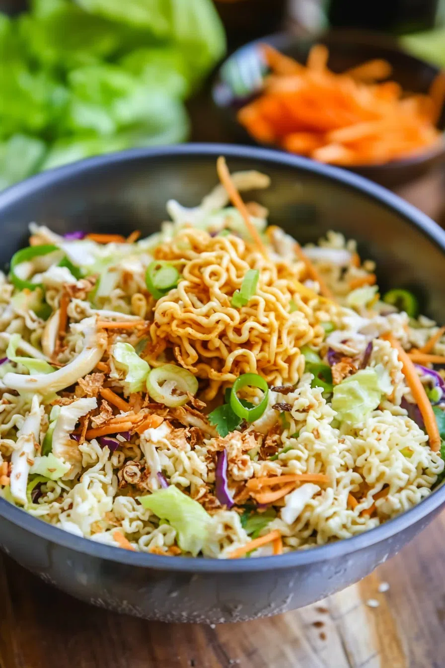 A beautifully presented bowl of ramen noodle salad with vibrant colors and a sprinkle of sesame seeds.