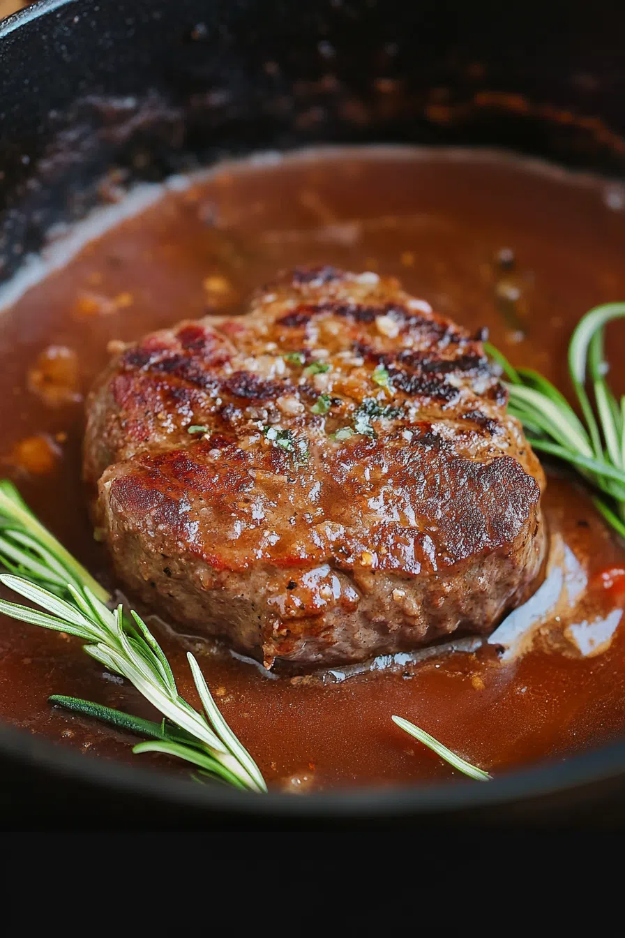 Classic comfort food dish featuring tender beef patties covered in a thick gravy.