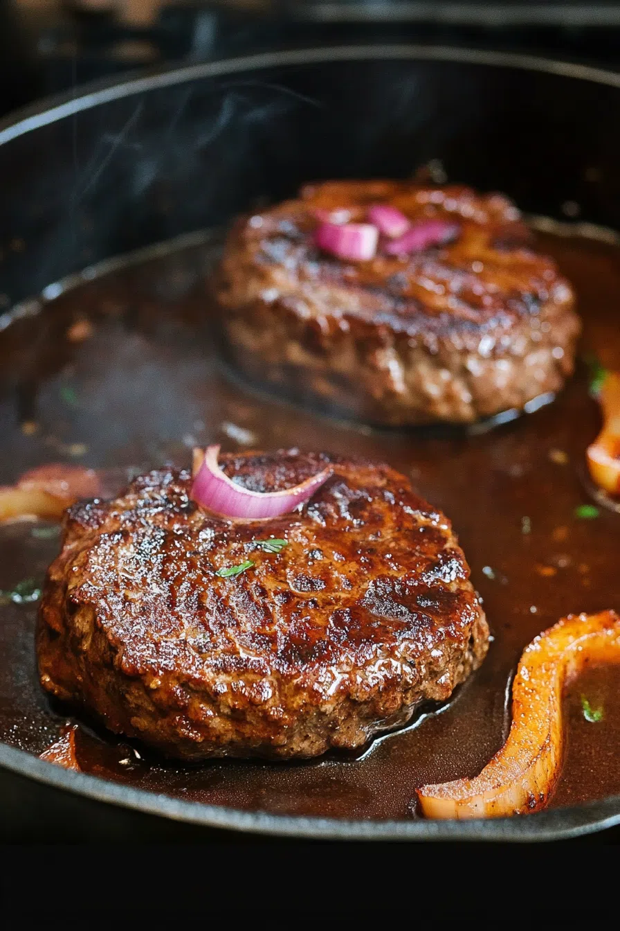 Close-up of homemade Salisbury steak with caramelized onions and a savory sauce.