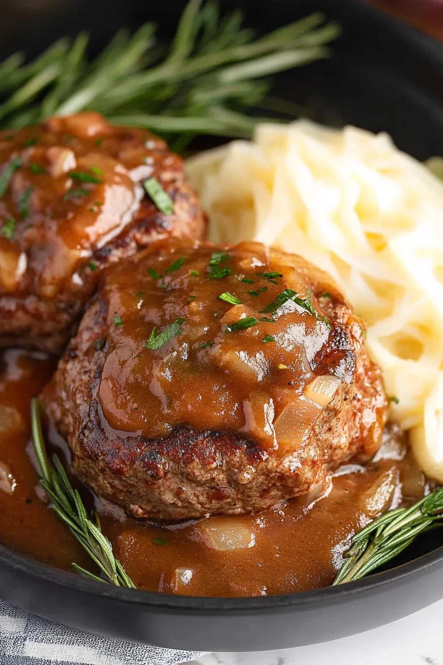 A plate of Salisbury steak with a side of creamy mashed potatoes and vegetables.