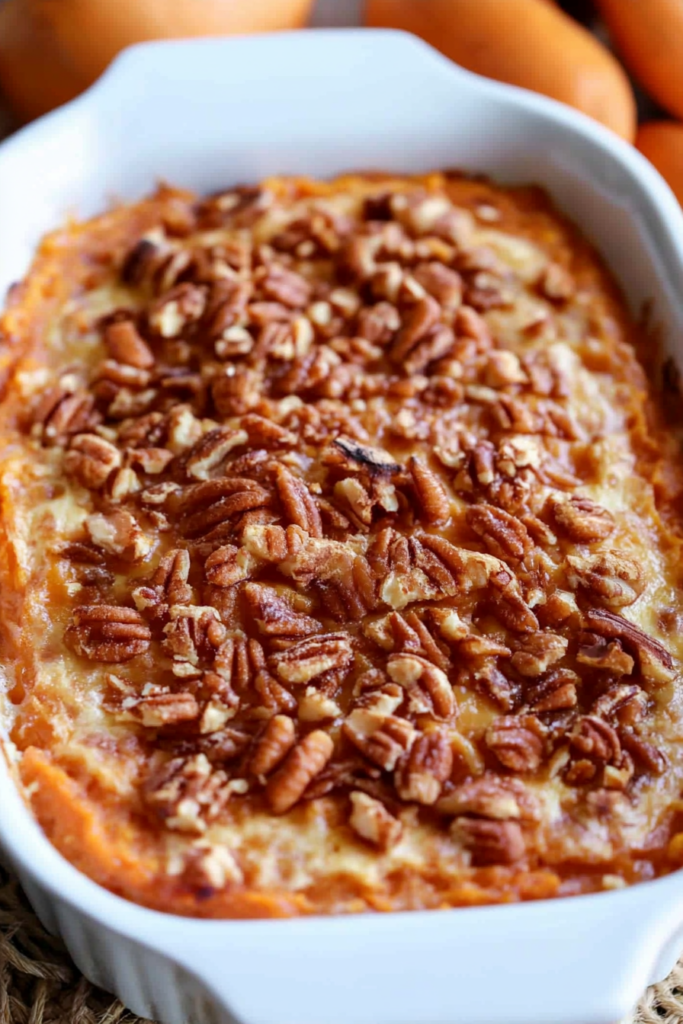 A serving of sweet potato casserole topped with crunchy pretzels and drizzled with salted caramel.