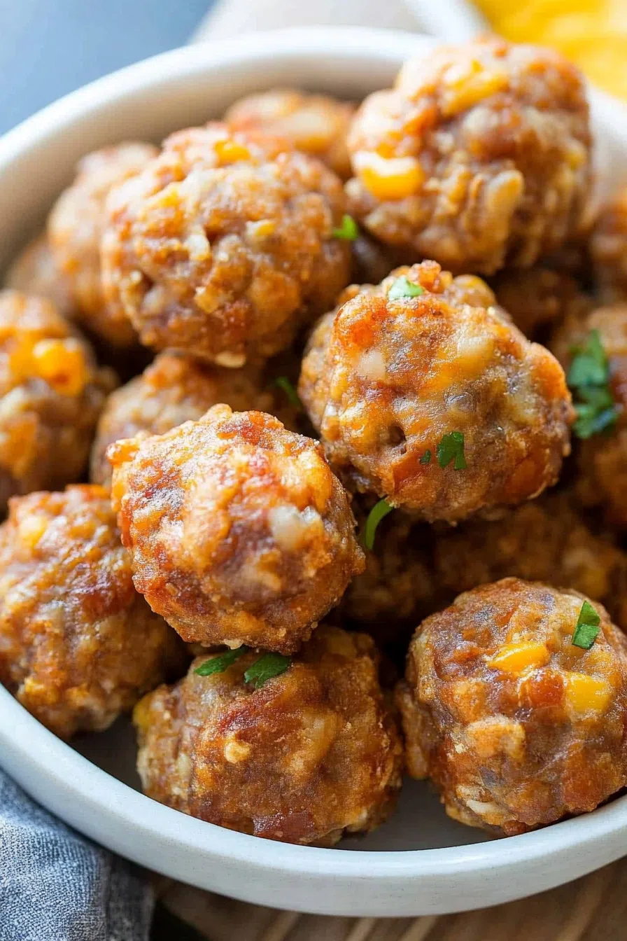 Close-up of golden-brown sausage balls, arranged neatly on a white plate.