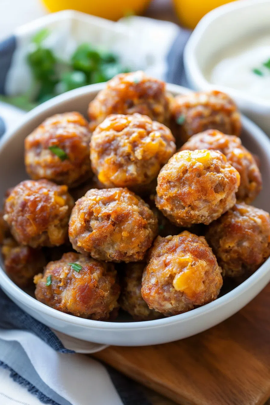 A platter of sausage balls, served with a side of dipping sauce and garnished with fresh herbs.