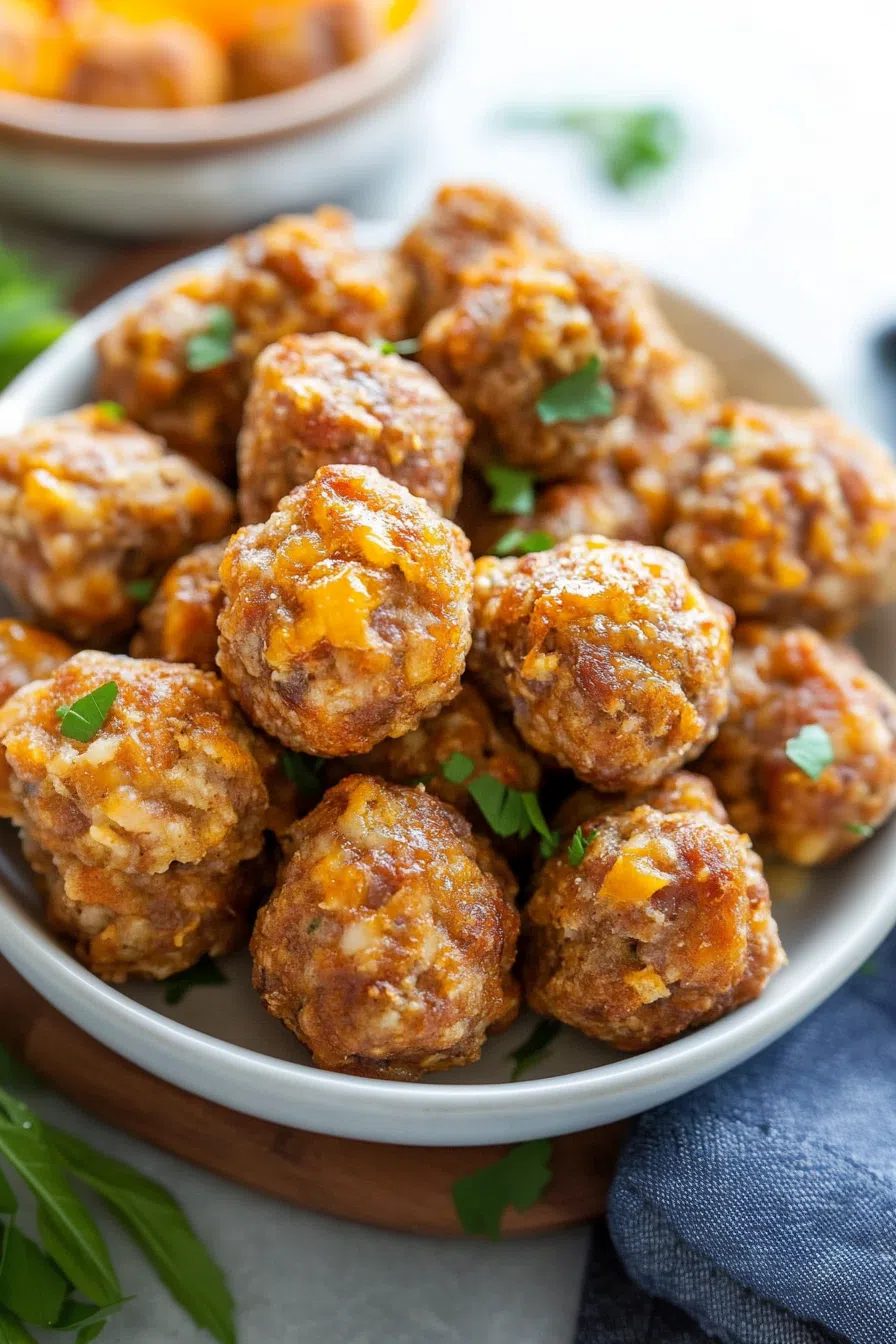 "A delicious serving of sausage balls, highlighting their golden-brown crust and juicy interior.