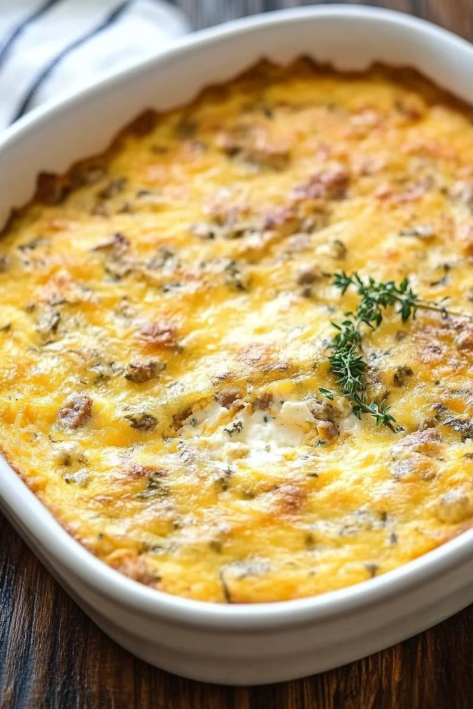 A close-up of a golden-brown breakfast casserole topped with crispy sausage pieces and melted cheese, served in a white baking dish.