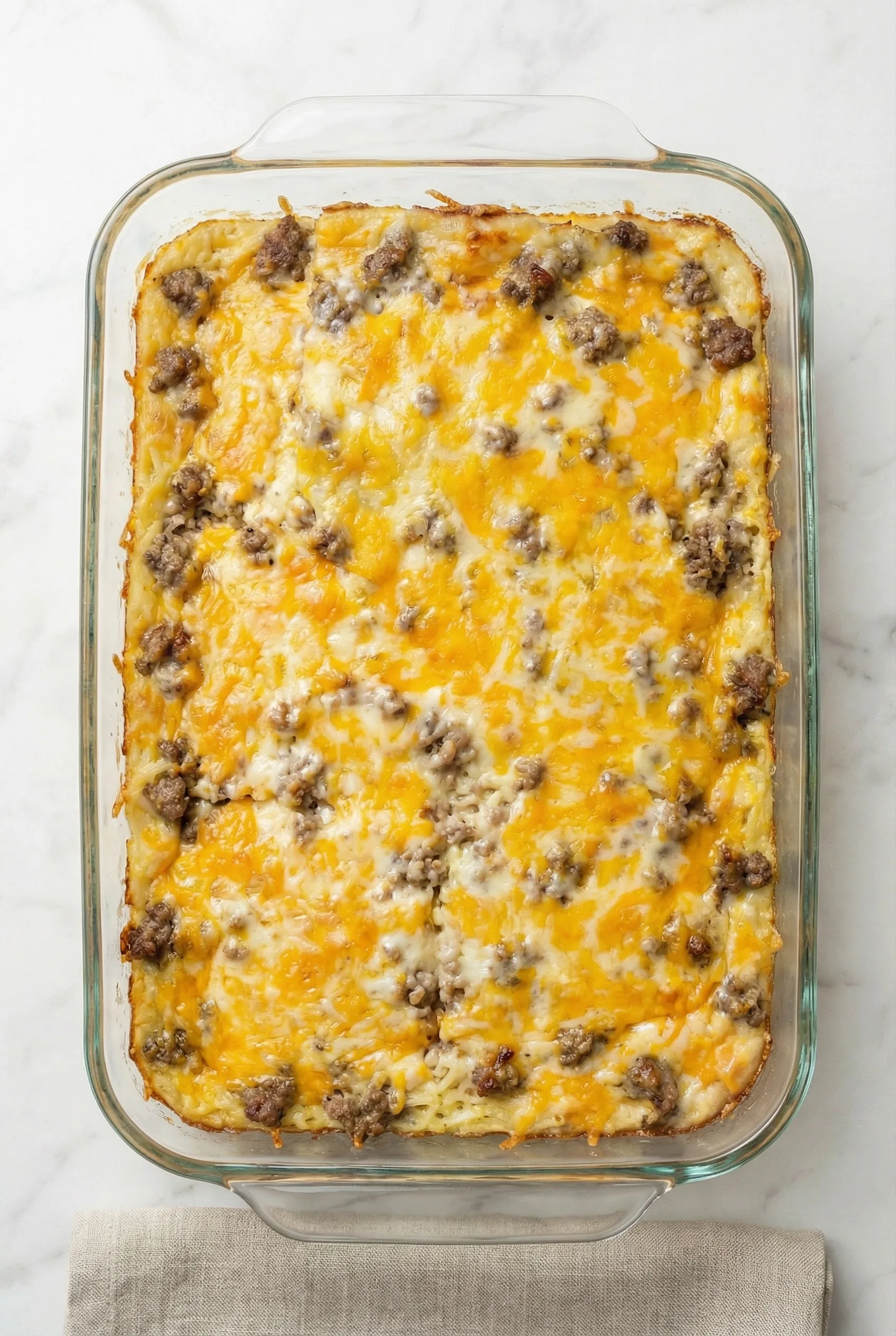 Close-up of golden baked Sausage and Cream Cheese Hash Brown Breakfast Casserole with melted cheddar and sausage pieces