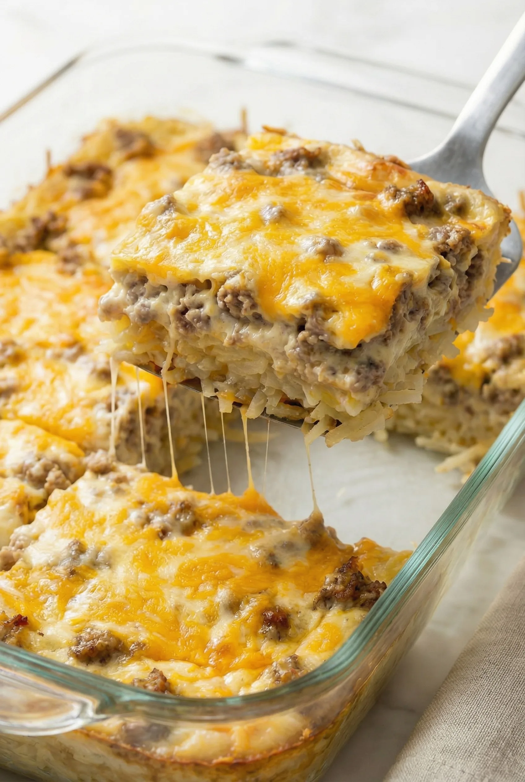 Close-up of a slice of hash brown casserole lifted with a spatula, showing creamy layers and melted cheese