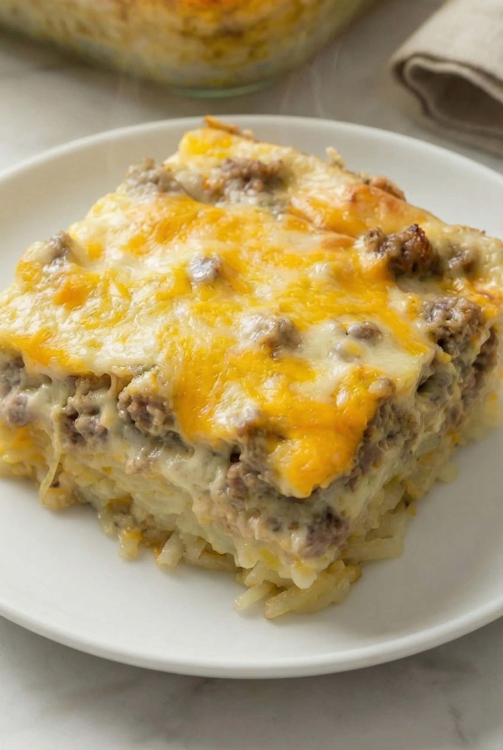 Individual serving of cheesy hash brown casserole with sausage layered on a white plate