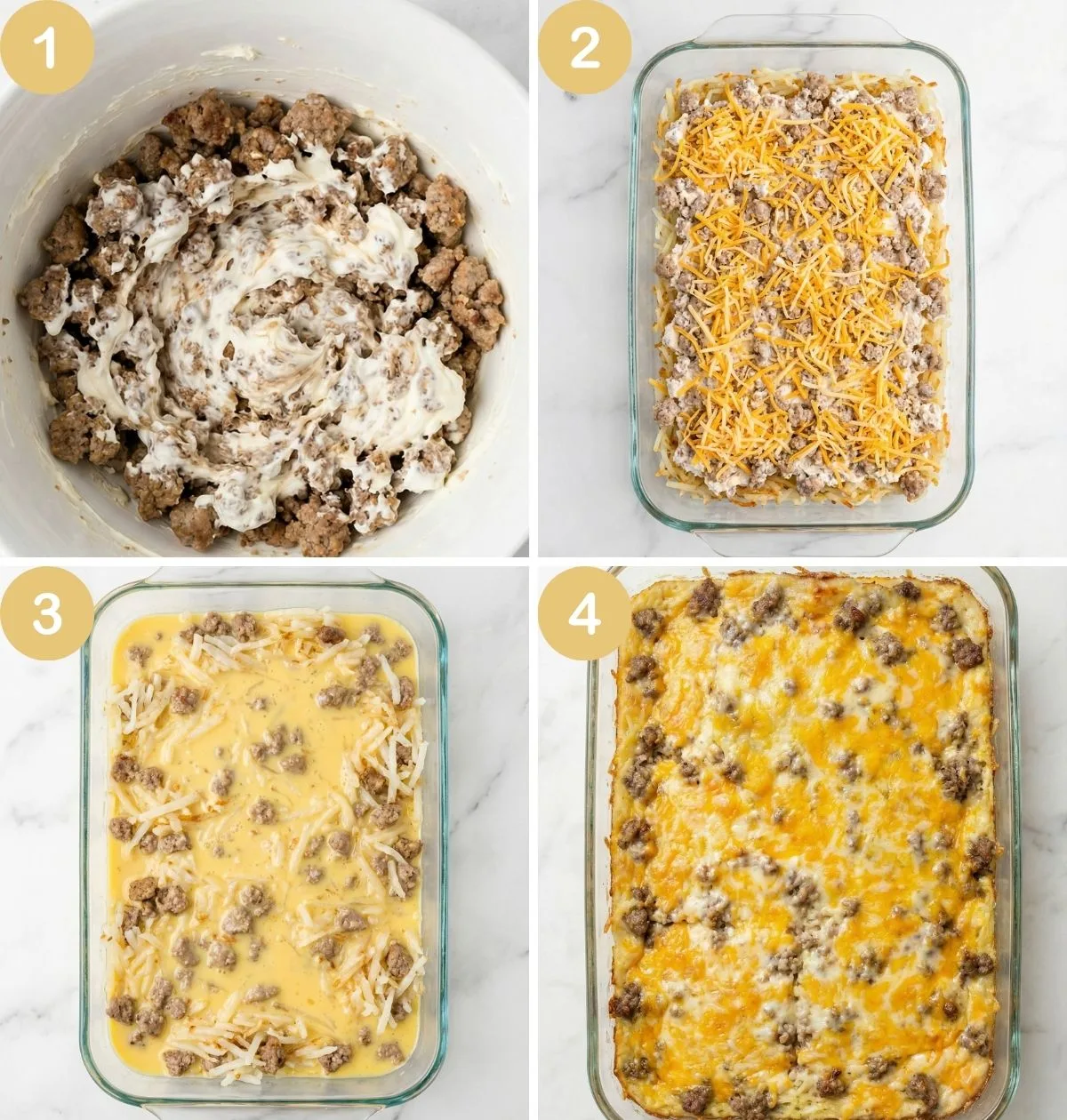 Step-by-step collage showing sausage mixed with cream cheese, layered hash browns, egg mixture poured over, and casserole baked until golden