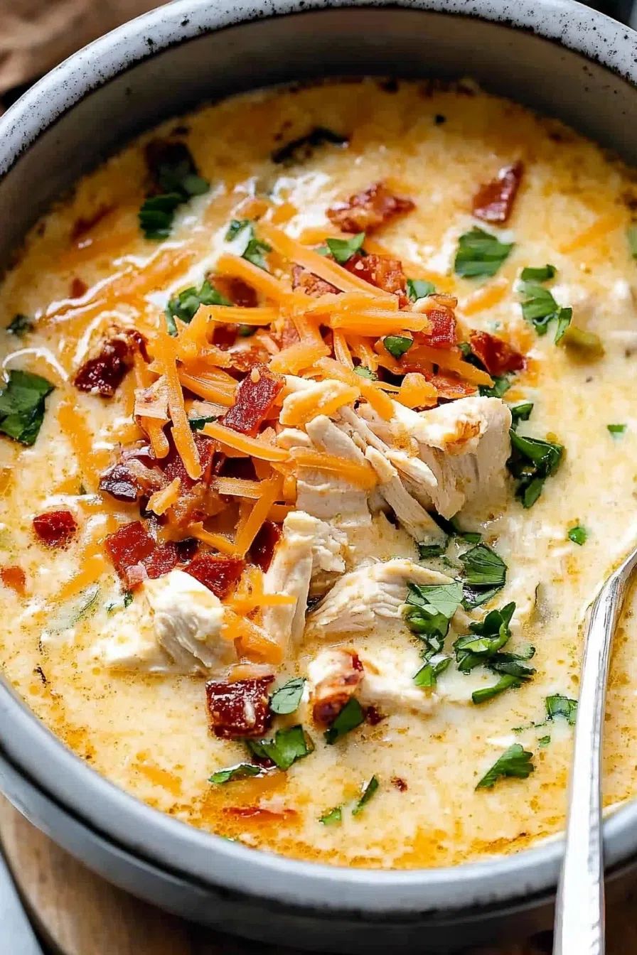 Close-up of a ladle serving the rich, hearty chicken potato soup from a slow cooker.