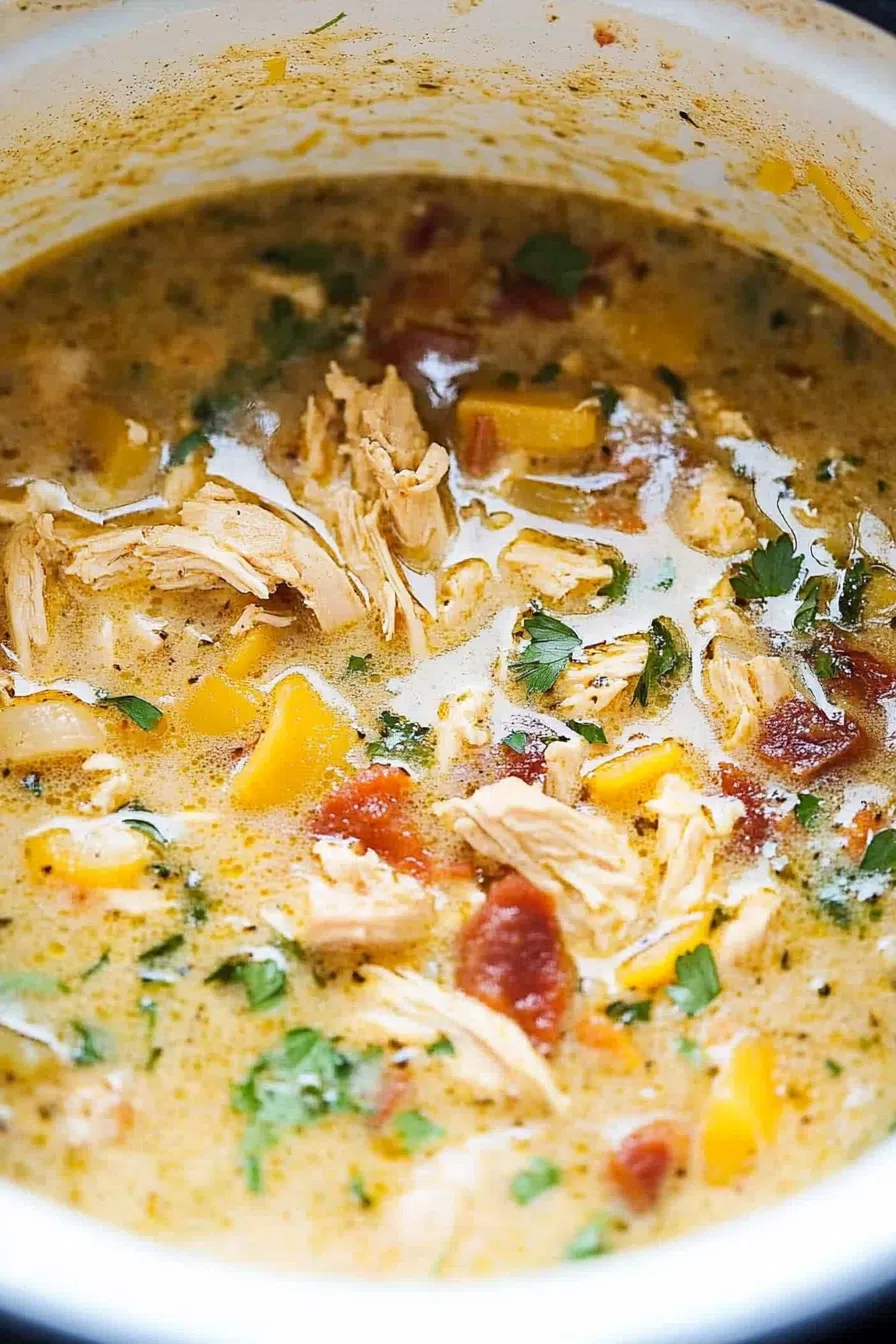 The soup in a white bowl, topped with a sprinkle of shredded cheese and a dollop of sour cream.