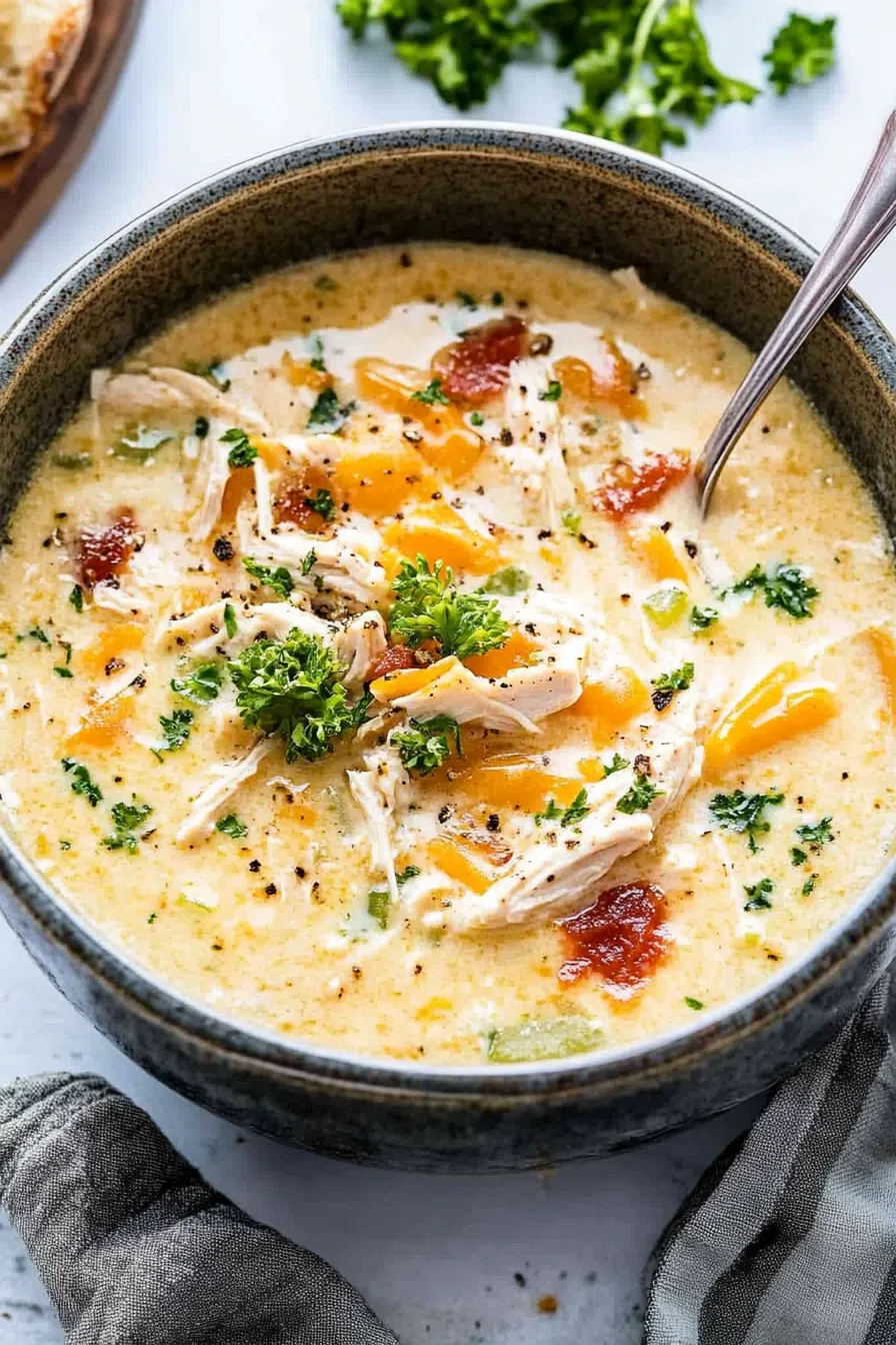 A spoonful of the chicken potato soup, highlighting the tender chicken, diced potatoes, and creamy texture.