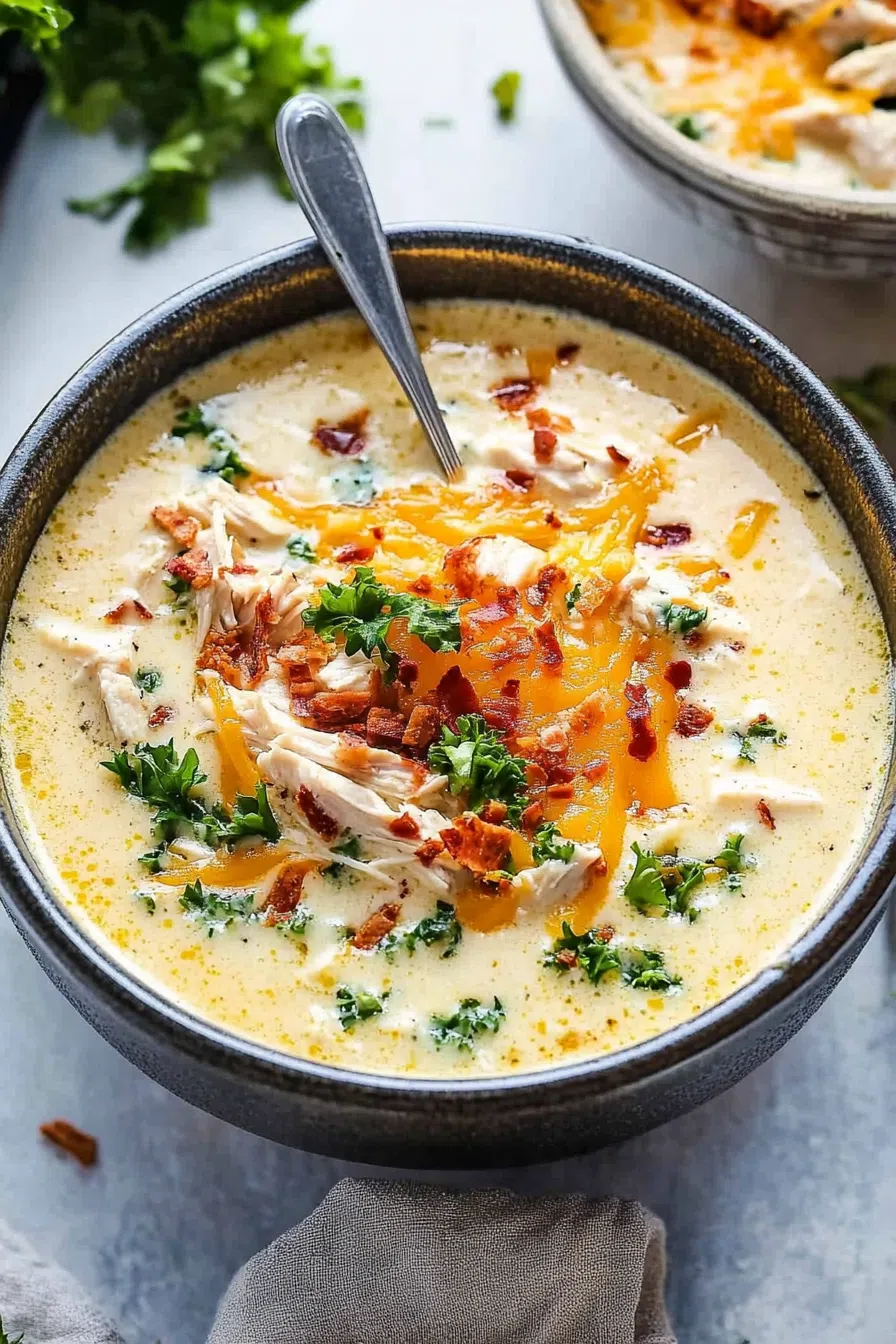 Overhead shot of the soup bowl placed on a rustic wooden table, surrounded by fresh herbs and a slice of crusty bread.
