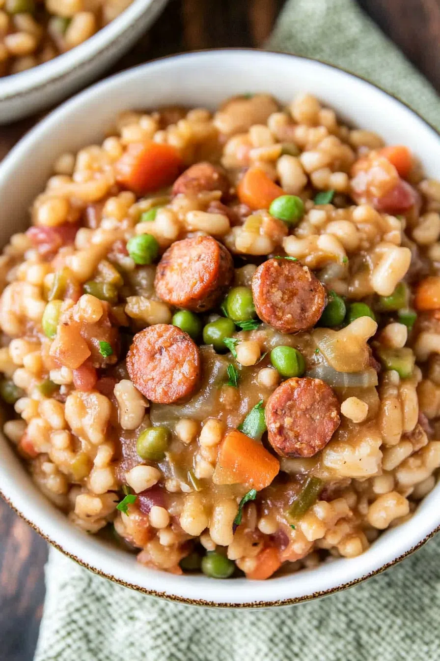Close-up of the Hoppin' John dish, showcasing the tender black-eyed peas and rich, flavorful broth.