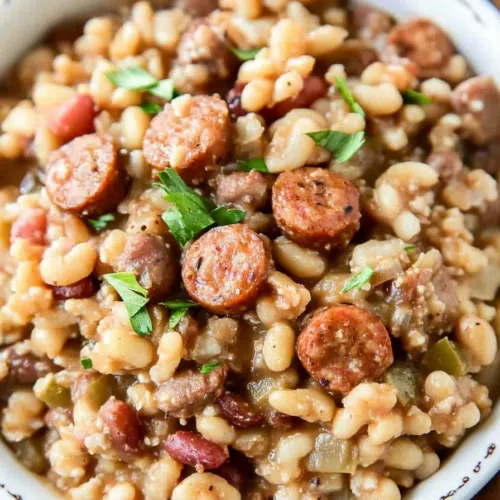 A bowl of slow-cooked Hoppin' John, filled with black-eyed peas, rice, and slices of smoked sausage.