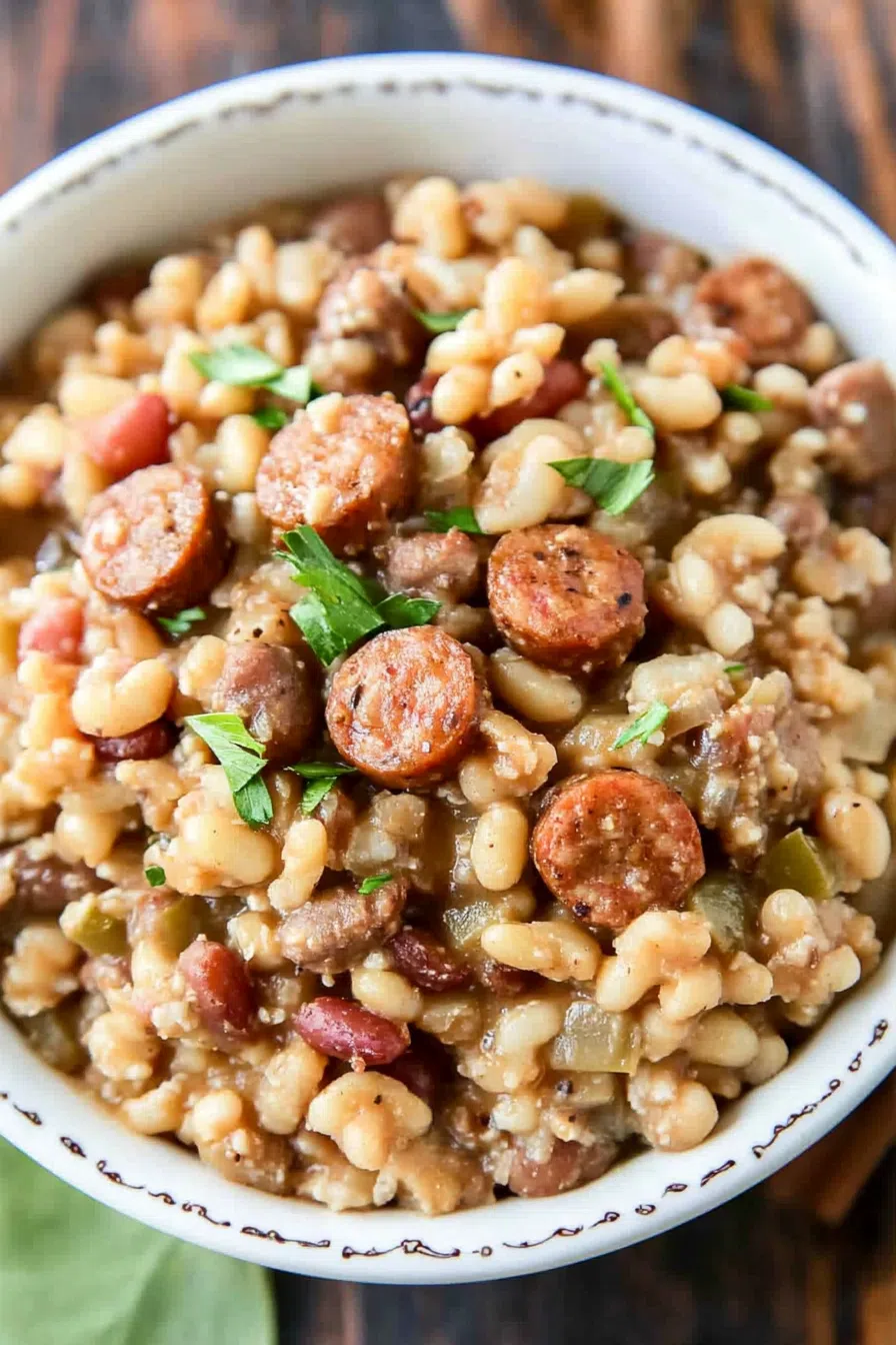 A bowl of slow-cooked Hoppin' John, filled with black-eyed peas, rice, and slices of smoked sausage.