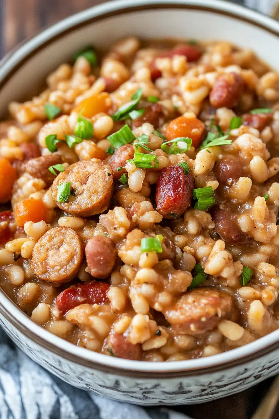 A serving of Hoppin' John garnished with chopped green onions.