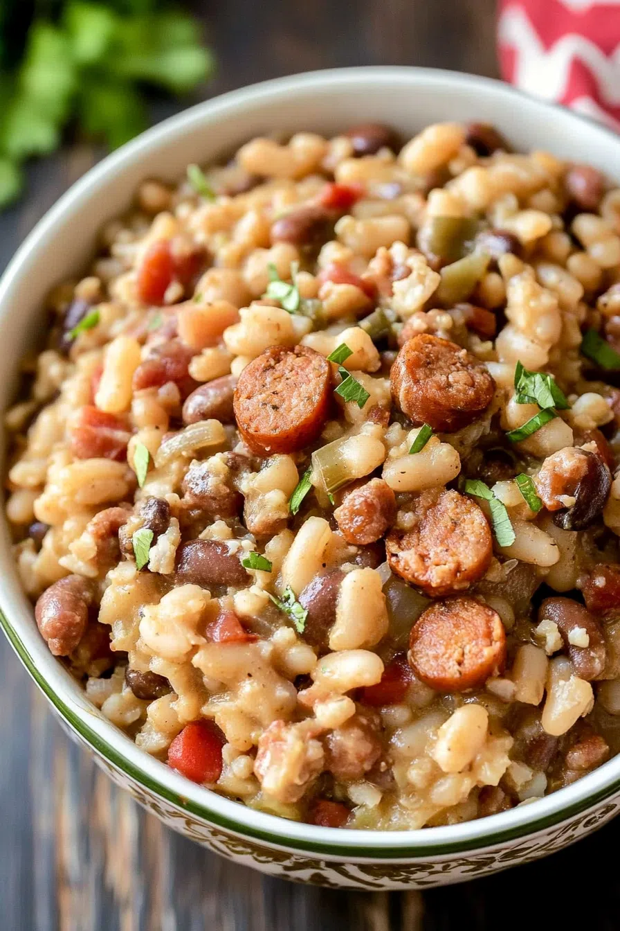 Overhead shot of the Hoppin' John bowl placed on a rustic wooden table, surrounded by fresh herbs.