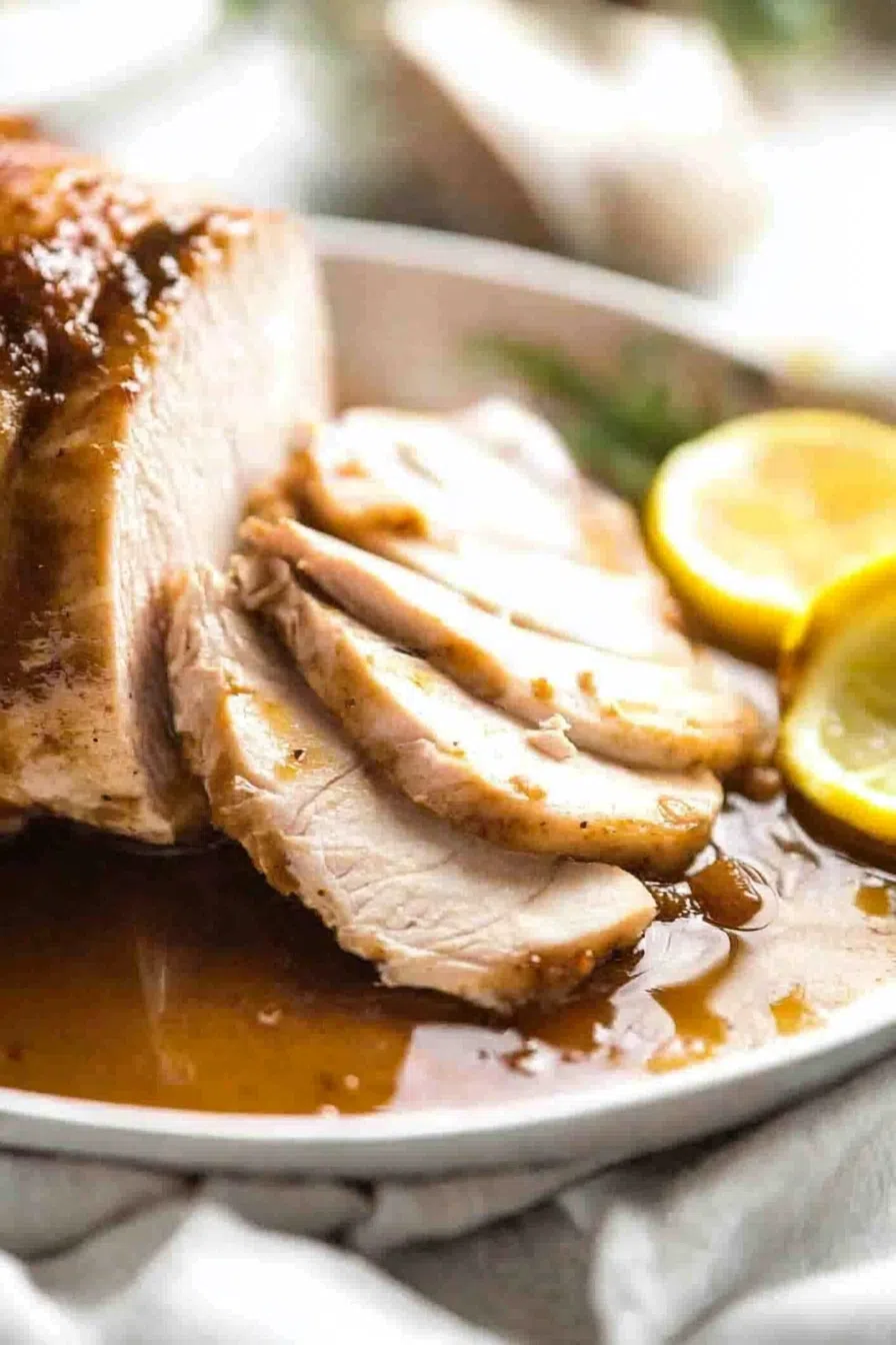 A perfectly cooked turkey breast sliced and served on a platter.