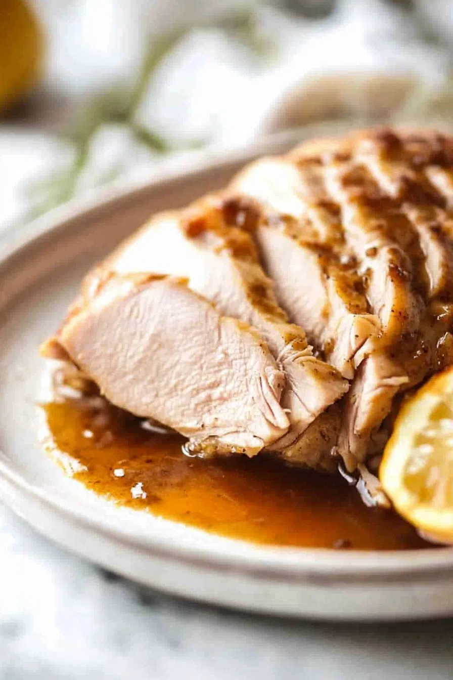 A rustic kitchen scene with a beautifully roasted turkey breast, ready to be carved.