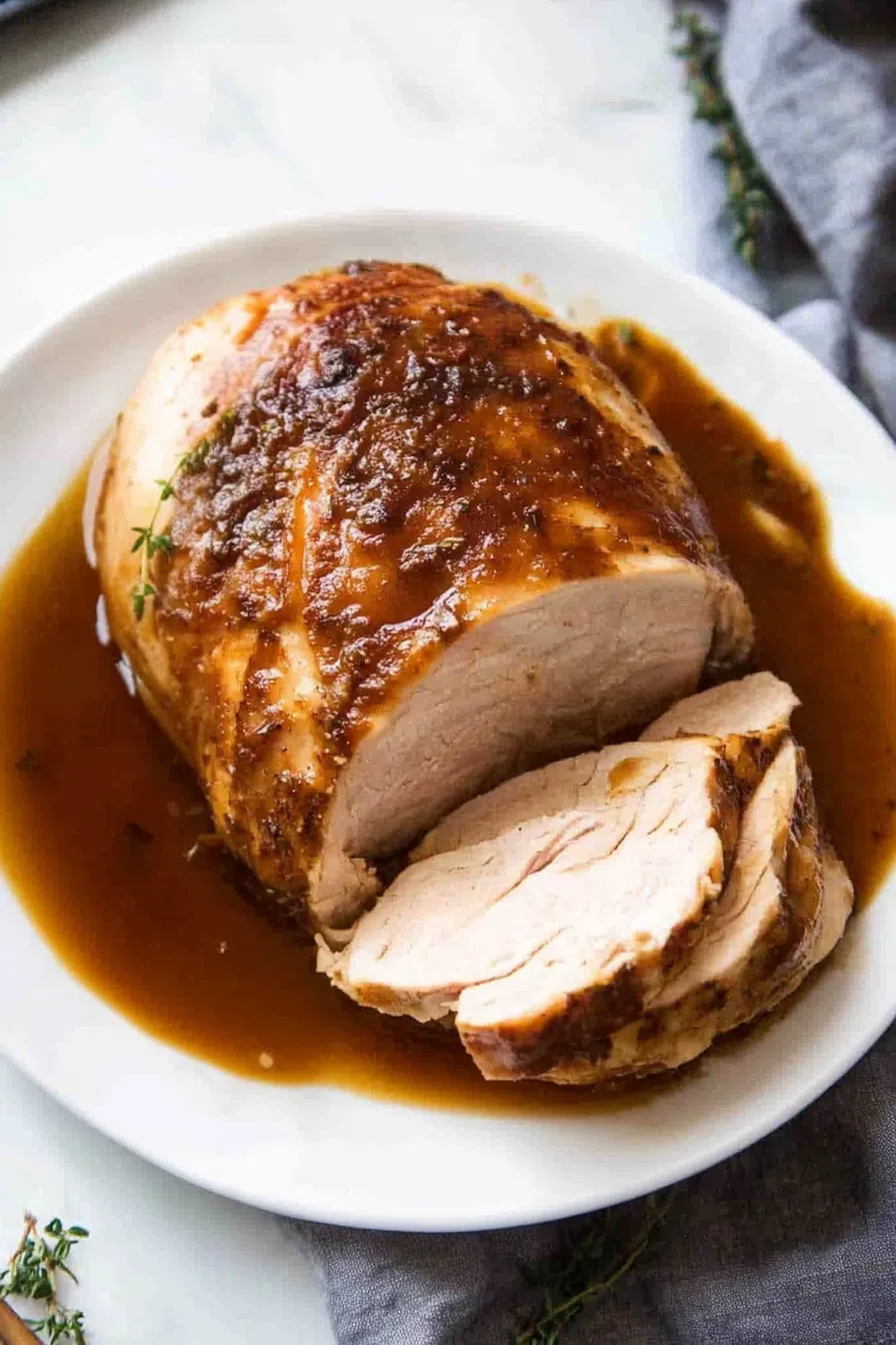 A serving of tender turkey breast accompanied by a side of cranberry sauce and stuffing.