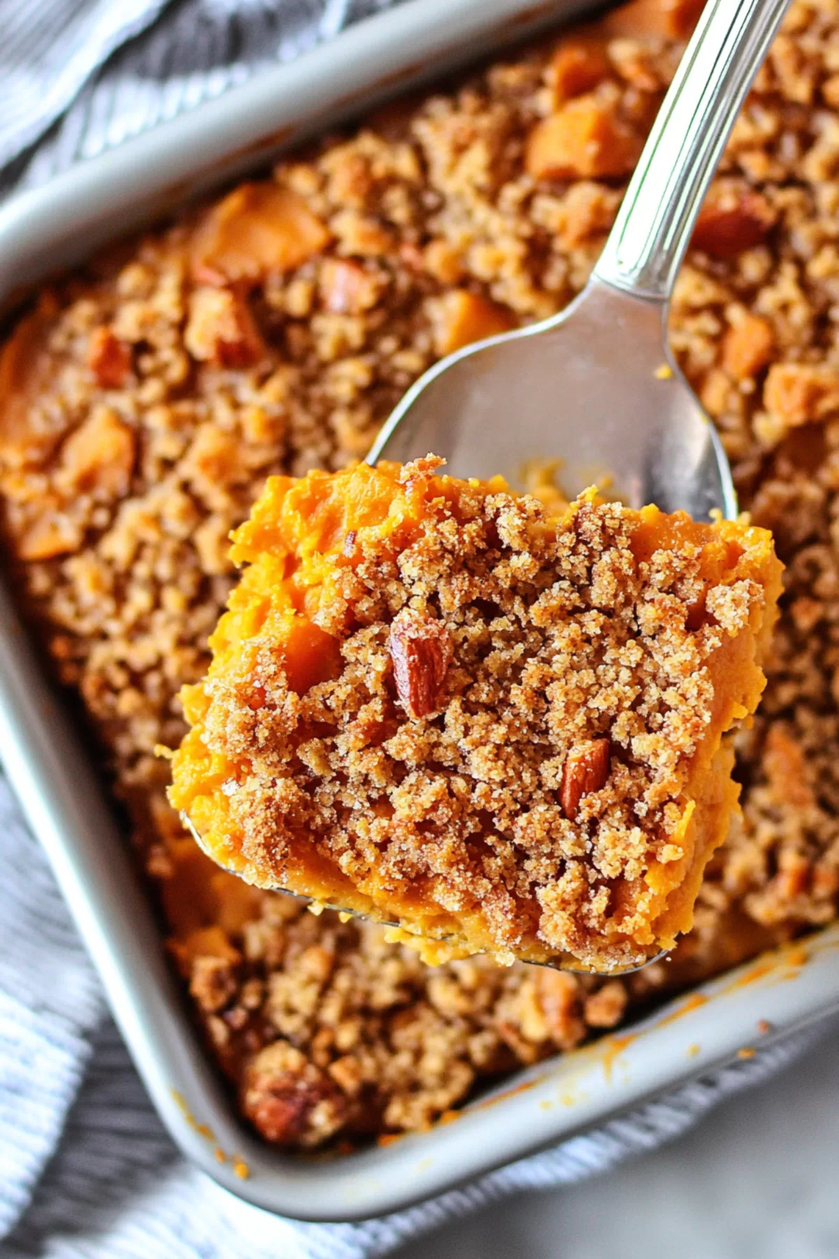 Close-up of pecan crumble topping prepared in a casserole