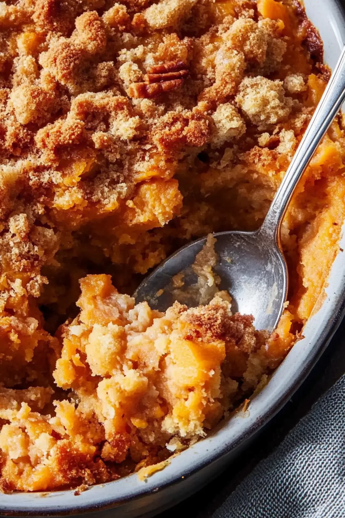 Smooth sweet potato layer spread evenly in a baking dish before adding the crunchy topping 