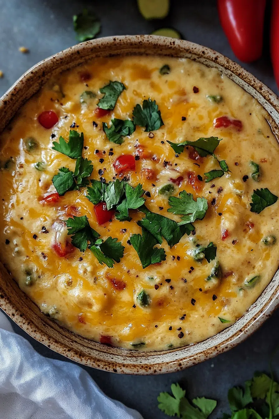 A serving of queso dip on a small plate, with a sprinkle of fresh cilantro for added color and flavor.