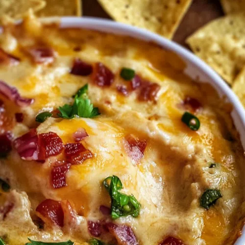 A bowl of creamy queso dip, garnished with diced tomatoes and jalapeños, served with tortilla chips on the side.