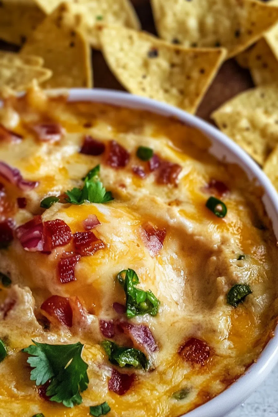 A bowl of creamy queso dip, garnished with diced tomatoes and jalapeños, served with tortilla chips on the side.