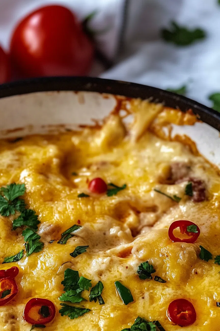 A close-up of a scoop of queso dip being lifted by a tortilla chip, highlighting the smooth, cheesy texture with spicy flecks.