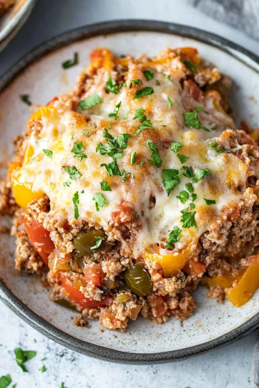 Close-up of a hearty serving of stuffed pepper casserole topped with melted cheese and fresh parsley.