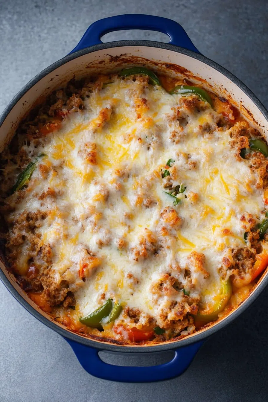 A bubbling casserole dish fresh out of the oven, filled with layers of cheesy stuffed pepper goodness.
