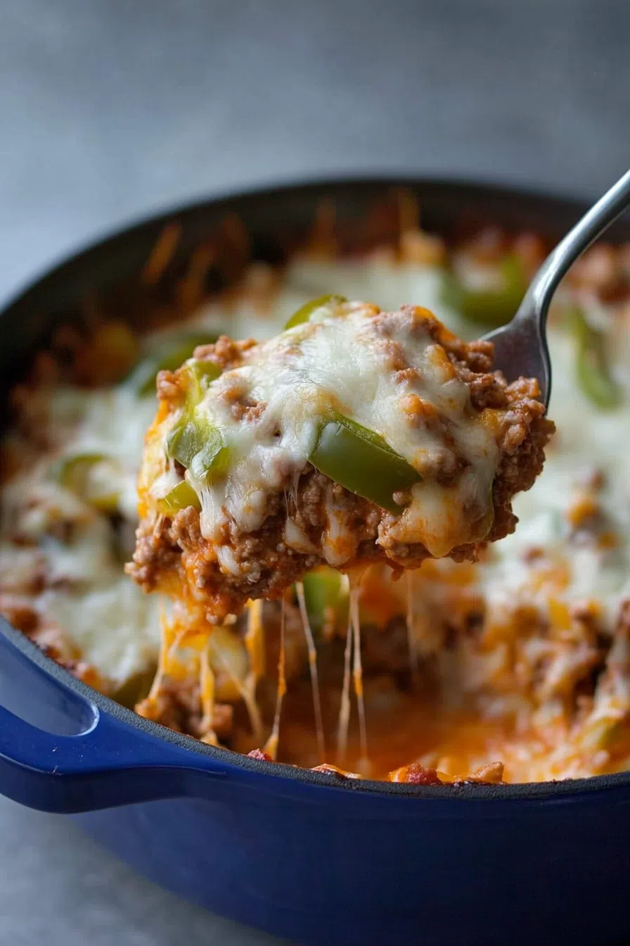 Spoonful of stuffed pepper casserole being served, showcasing the gooey melted cheese and vibrant peppers.