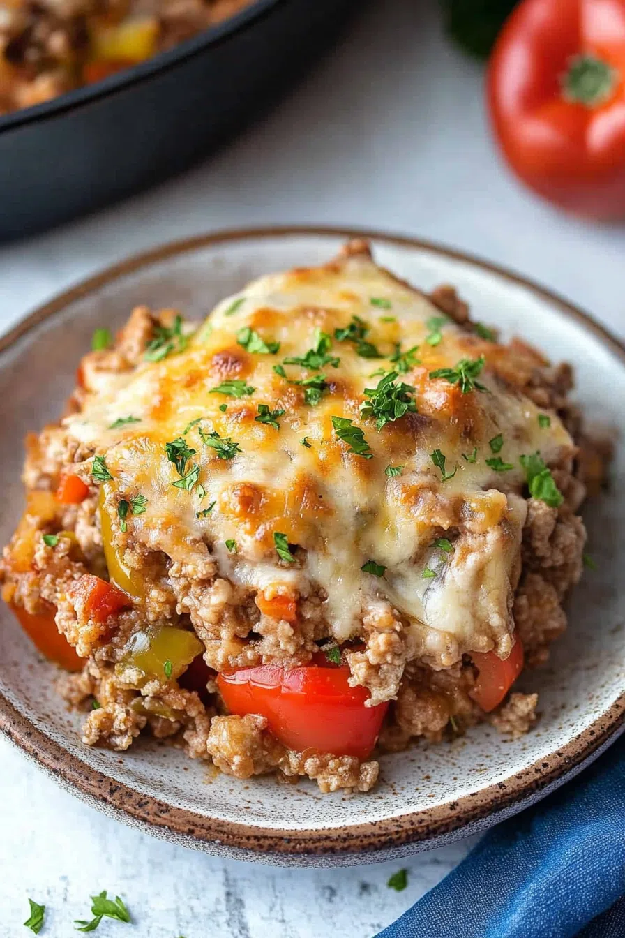 A single serving of stuffed pepper casserole plated beautifully, garnished with chopped parsley.