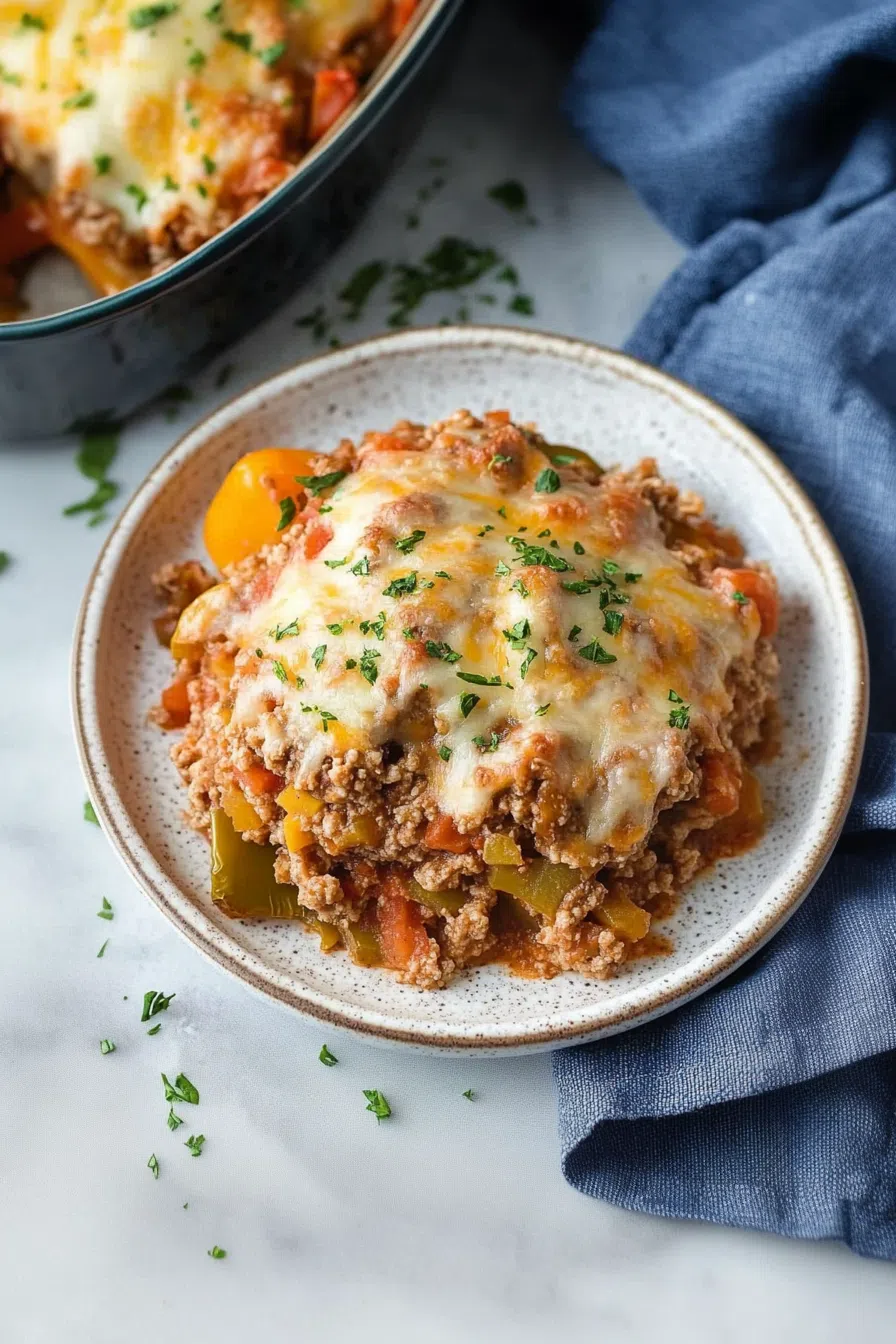 Overhead view of a stuffed pepper casserole dish, highlighting the golden-brown cheese and colorful bell peppers.