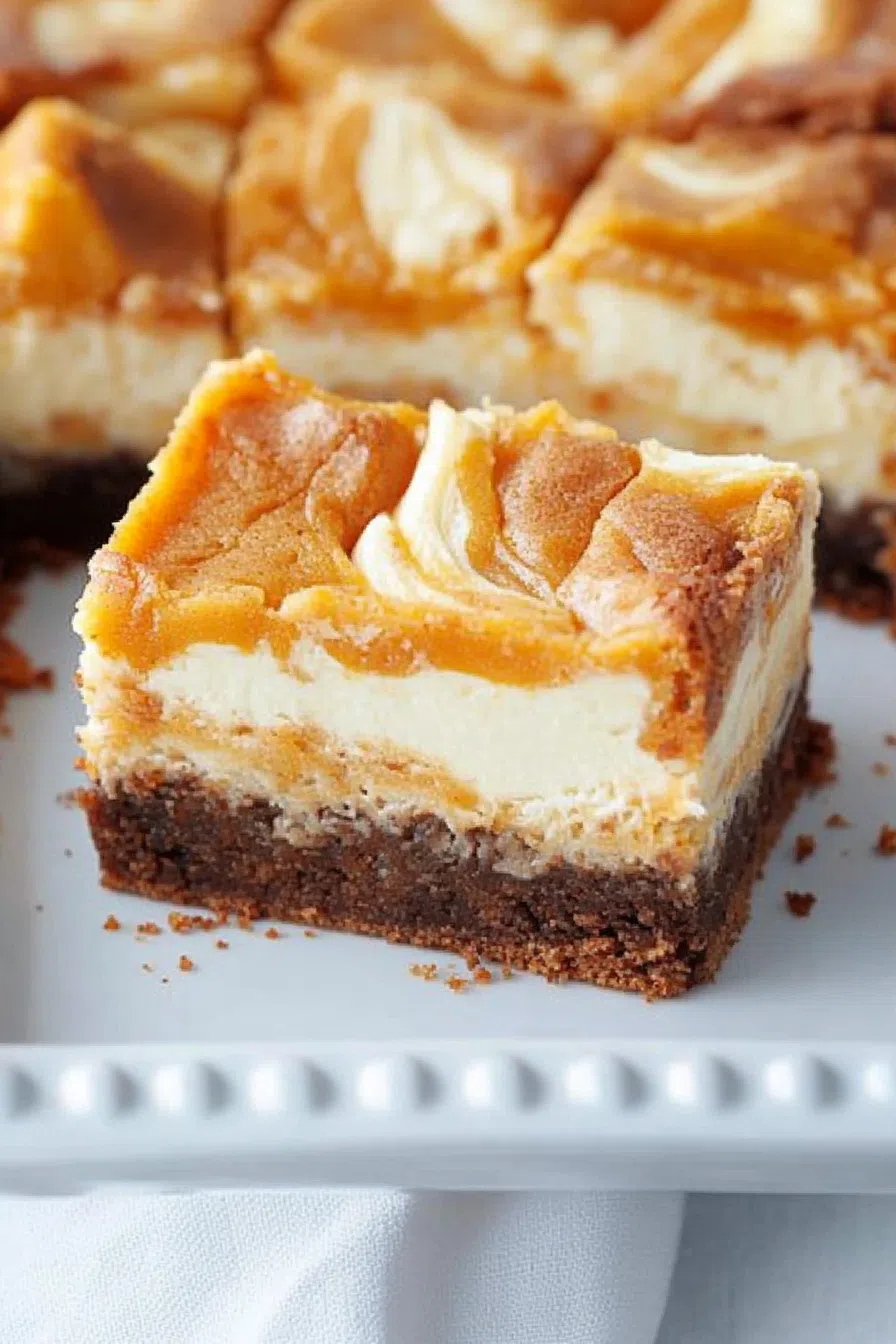 Golden-brown dessert bars with a creamy, swirled topping.