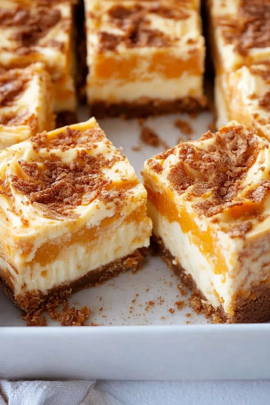 Sweet and creamy dessert bars arranged on a serving platter.