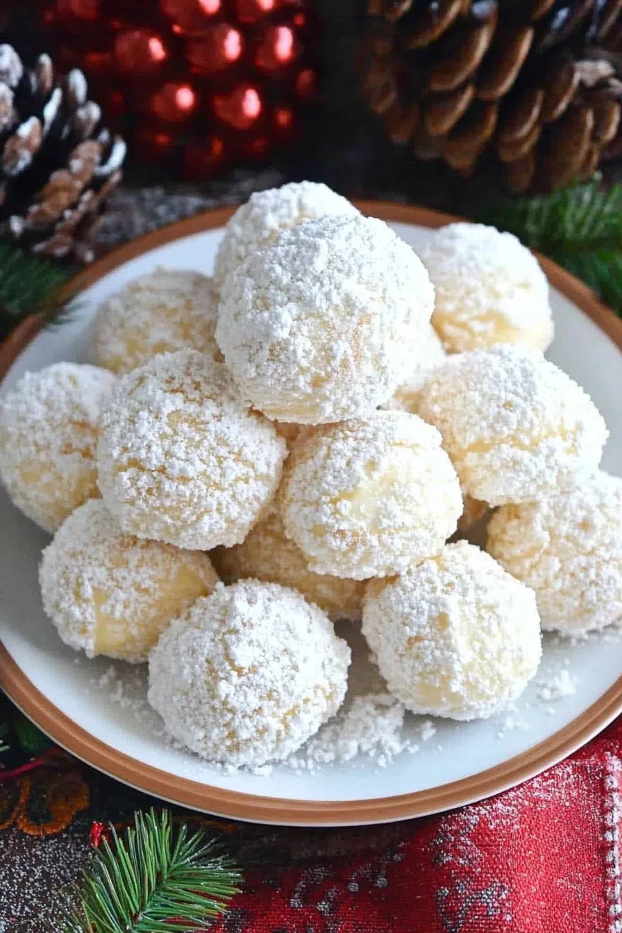 A batch of homemade coconut snowballs, perfect for holiday treats.