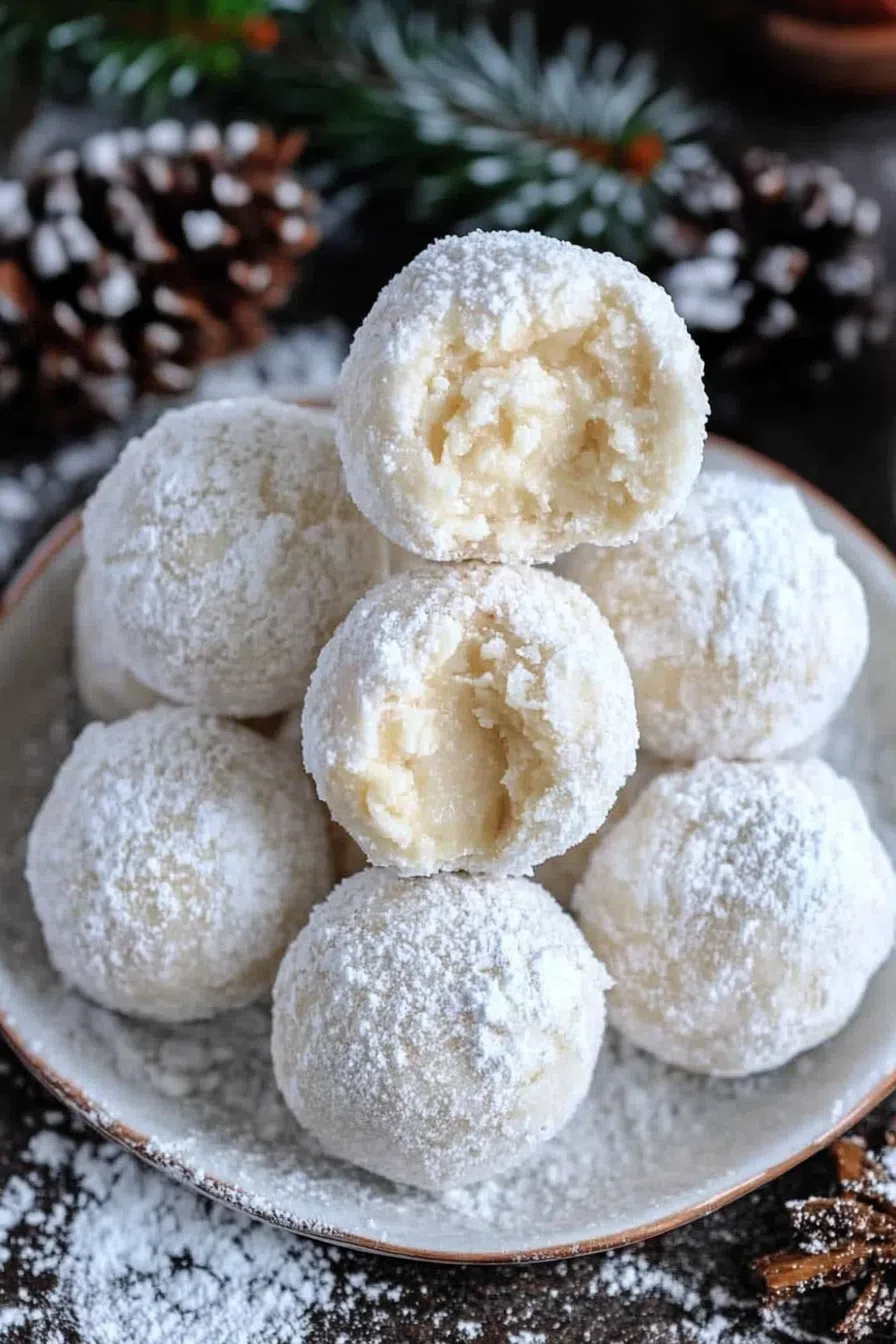 Delicate white coconut bites stacked on a festive holiday platter.