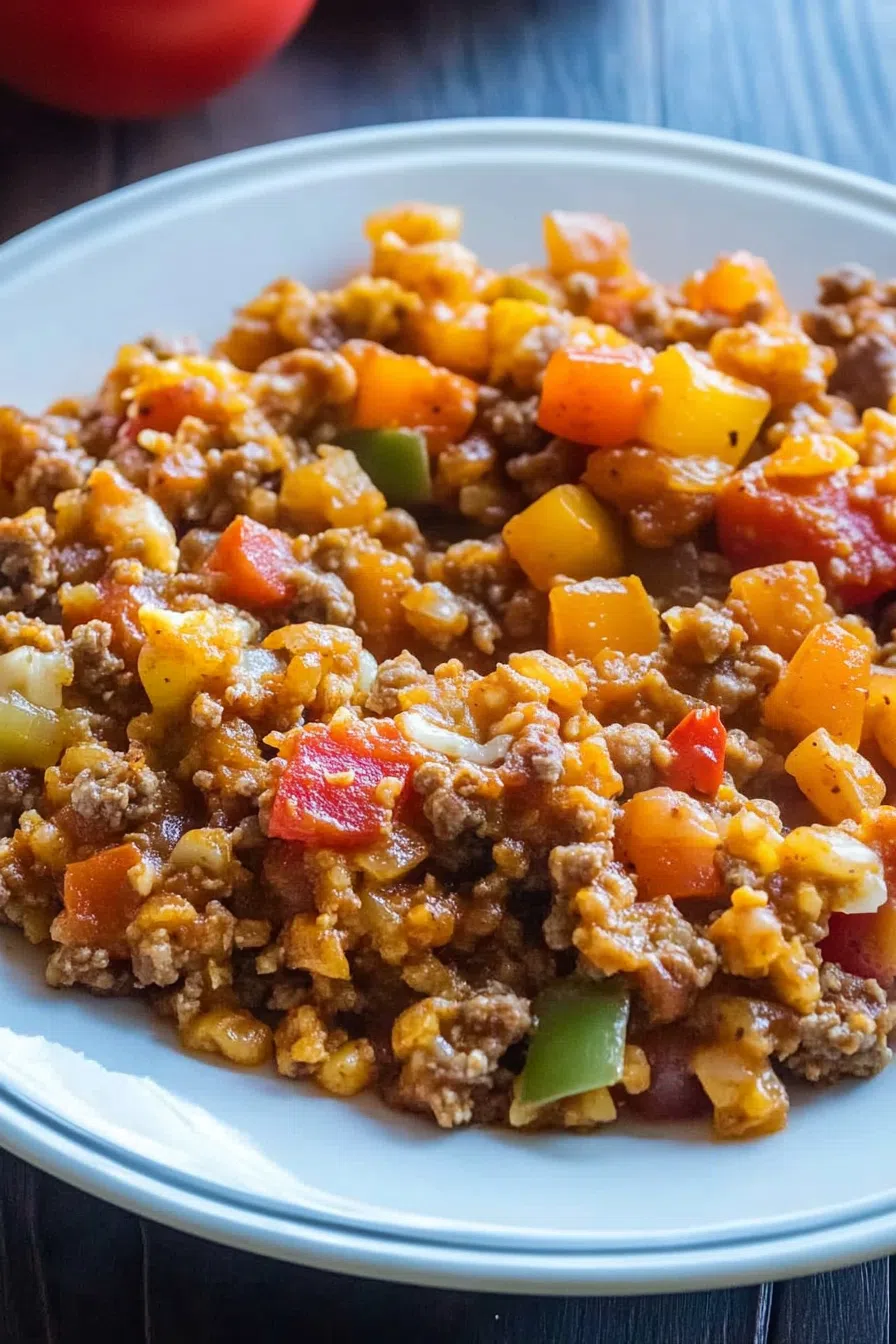 Close-up of a hearty serving of Texas hash, showcasing its colorful mix of ingredients on a white plate.