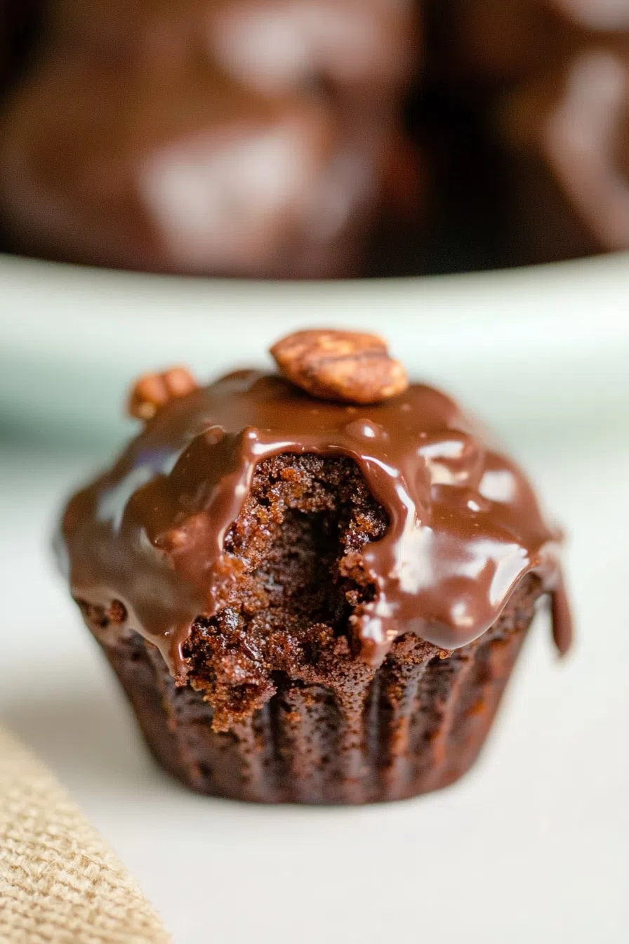 A close-up of a single Texas sheet cake bite, showcasing its rich and moist texture.