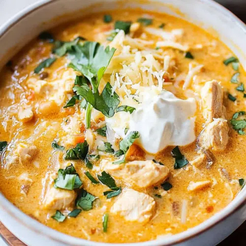 Close-up of the chili showing chunks of chicken, beans, and a creamy broth.